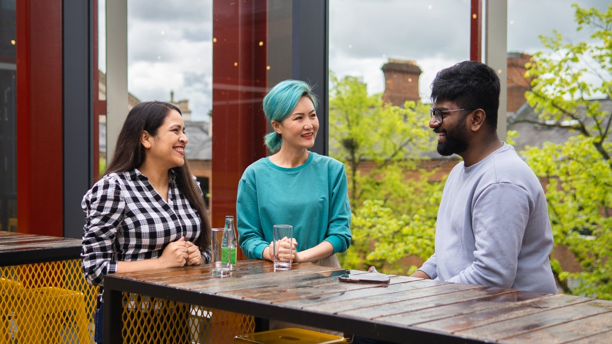 International students chatting on campus